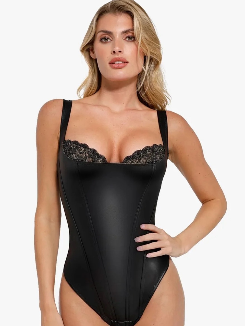 Popilush Black Faux Leather Lace Trim Shapewear Bodysuit size XXL